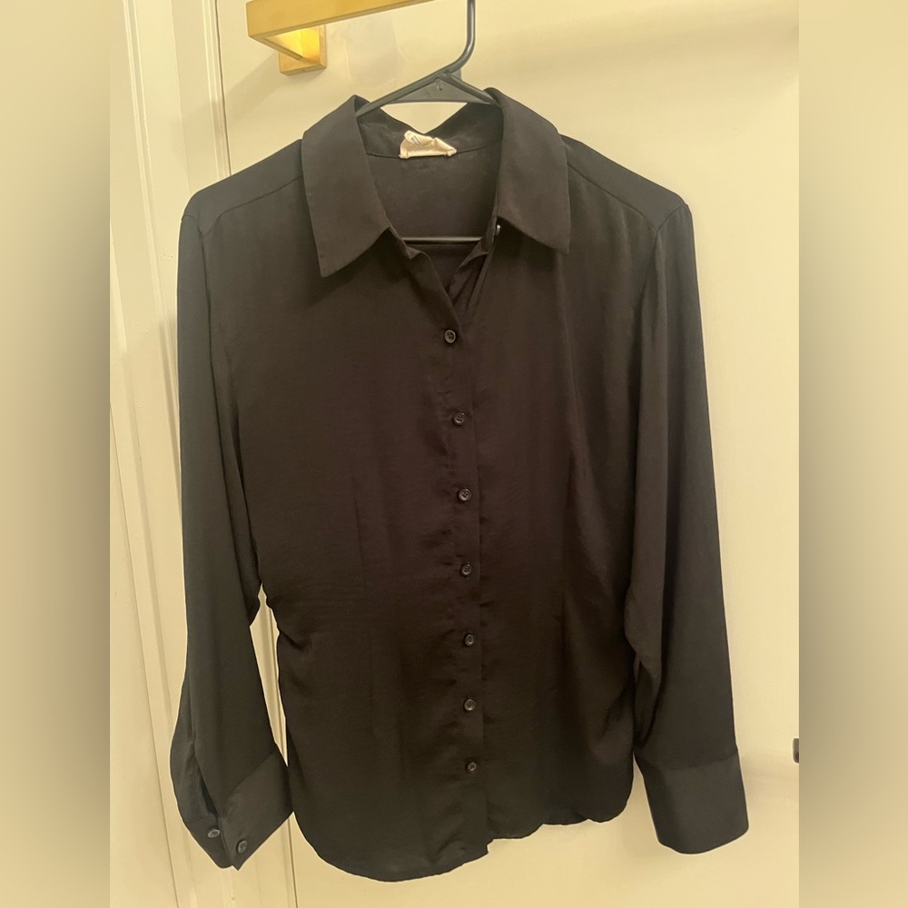 Open Edit Collared Button Up Black Top